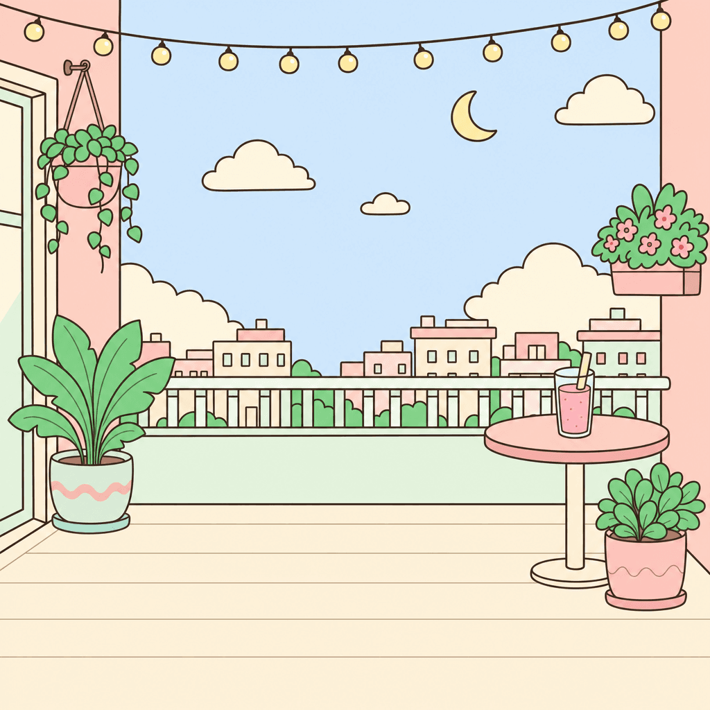 An illustrated pastel city balcony at dusk with fairy lights and a crescent moon