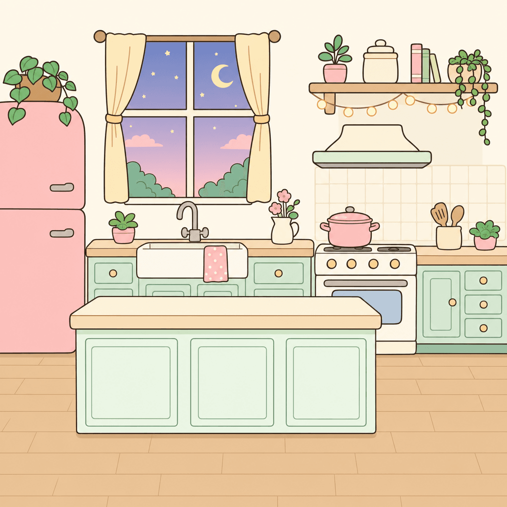 Sprowt's illustrated kitchen at dusk, warm light in the window